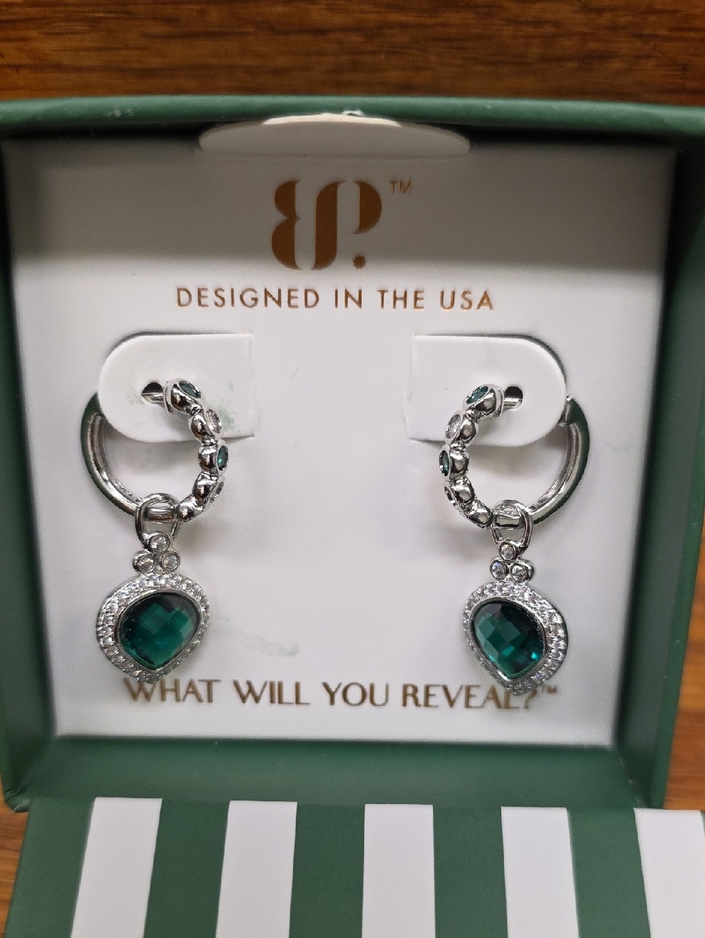 bp Silver-Tone Hoop Earrings with Emerald Green Faceted Teardrops